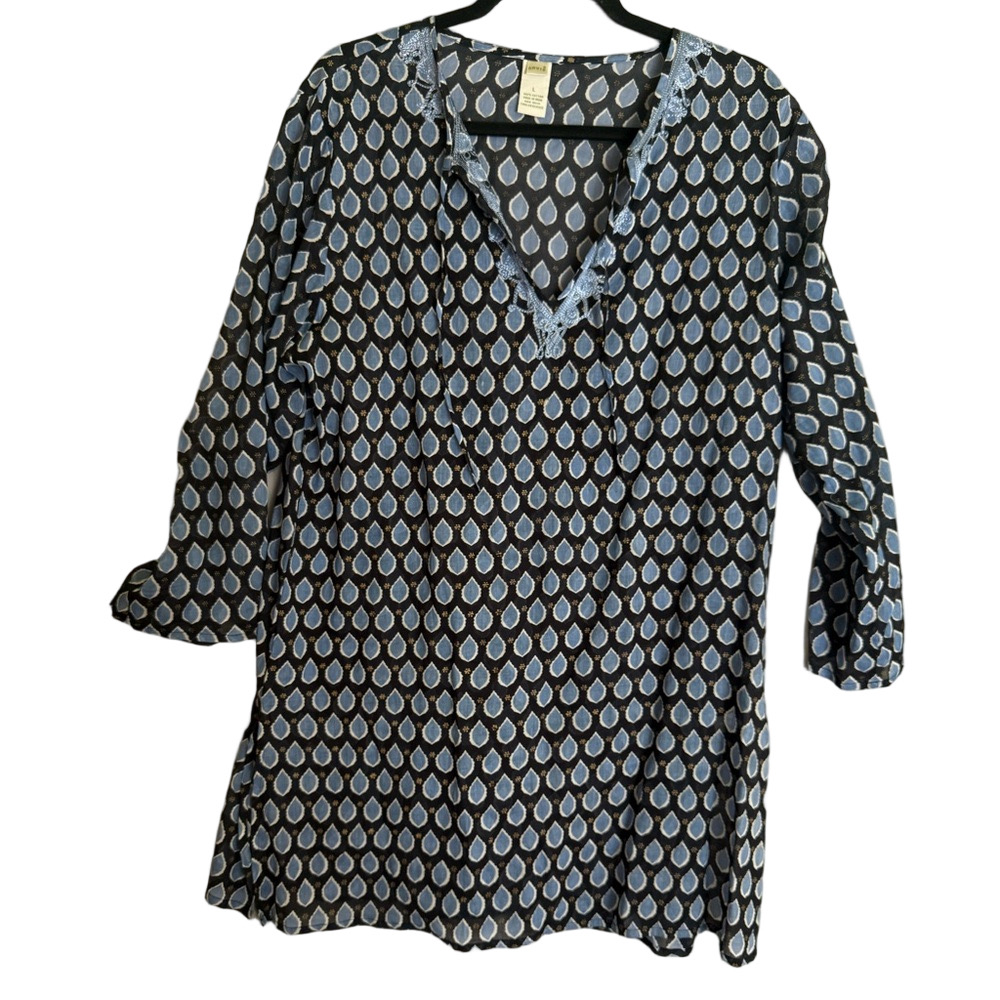 Woman Orvis Black and Blue Patterned Cotton Tunic L